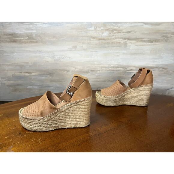 MARC FISHER Perforated Tan Leather ADALYNE Platform Jute Wedge Heels Size 8.5 - Picture 3 of 7